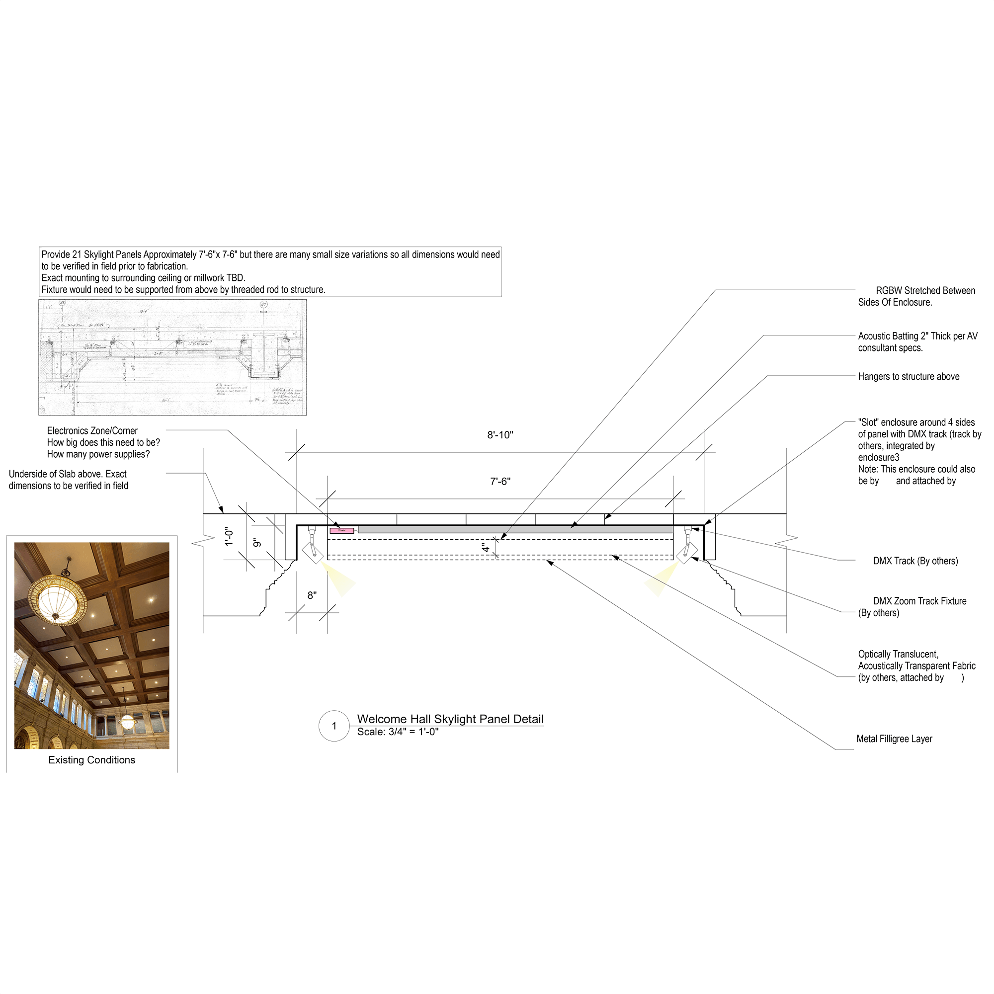 Design Development & Documentation - Mapparium backlight detail Technical drawing labeled “Welcome Hall Skylight Panel Detail,” showing a cross-section of a backlit ceiling panel with detailed notes on structure, lighting, materials, and installation; includes inset images of existing ceiling conditions and historical reference drawings.
