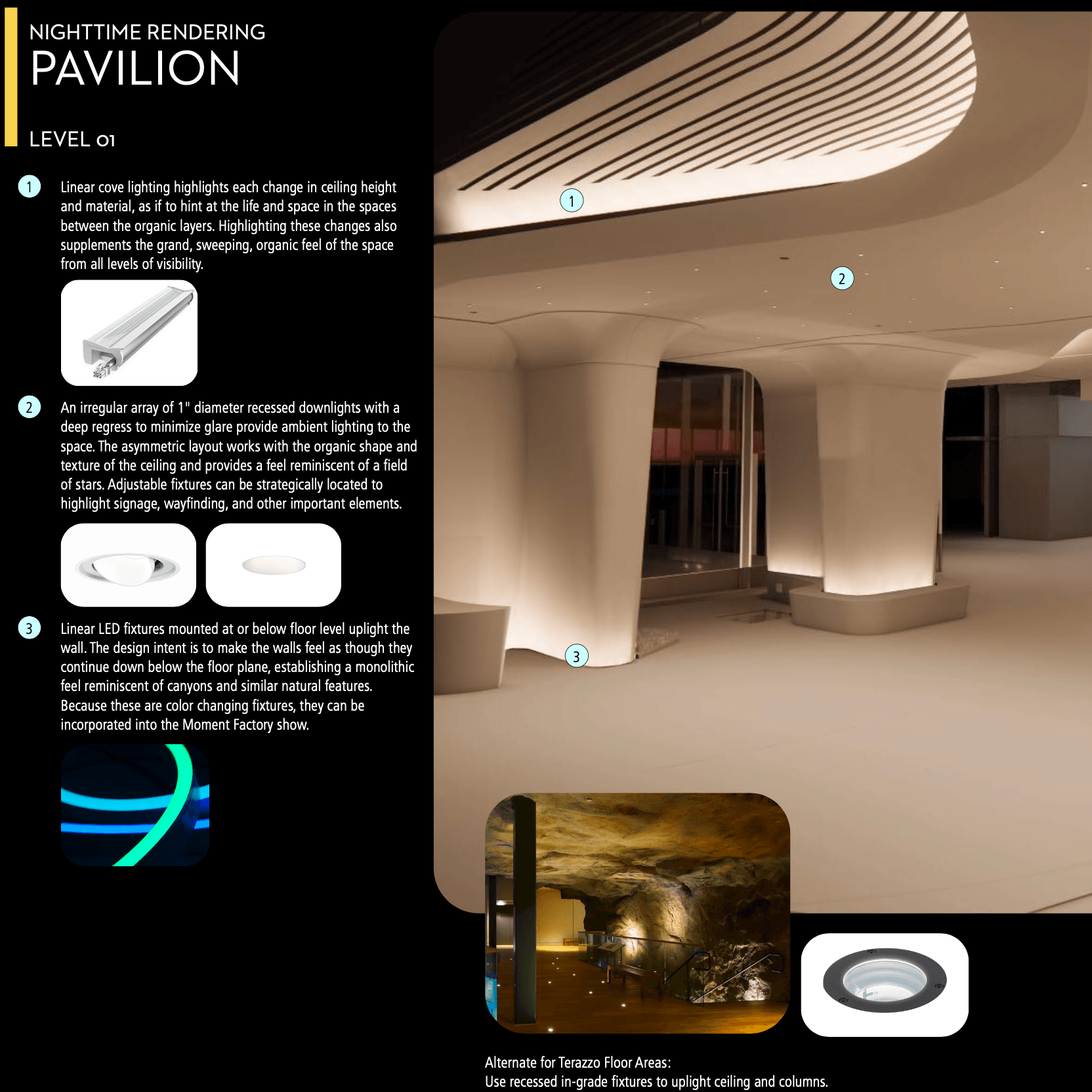 Schematic Concept Nighttime rendering of a pavilion interior showing layered ceiling lighting, recessed downlights, and floor-level linear LEDs that illuminate curved columns. Numbered annotations describe the lighting design strategy, and inset images show lighting fixture types and an alternate concept for terrazzo floor areas.